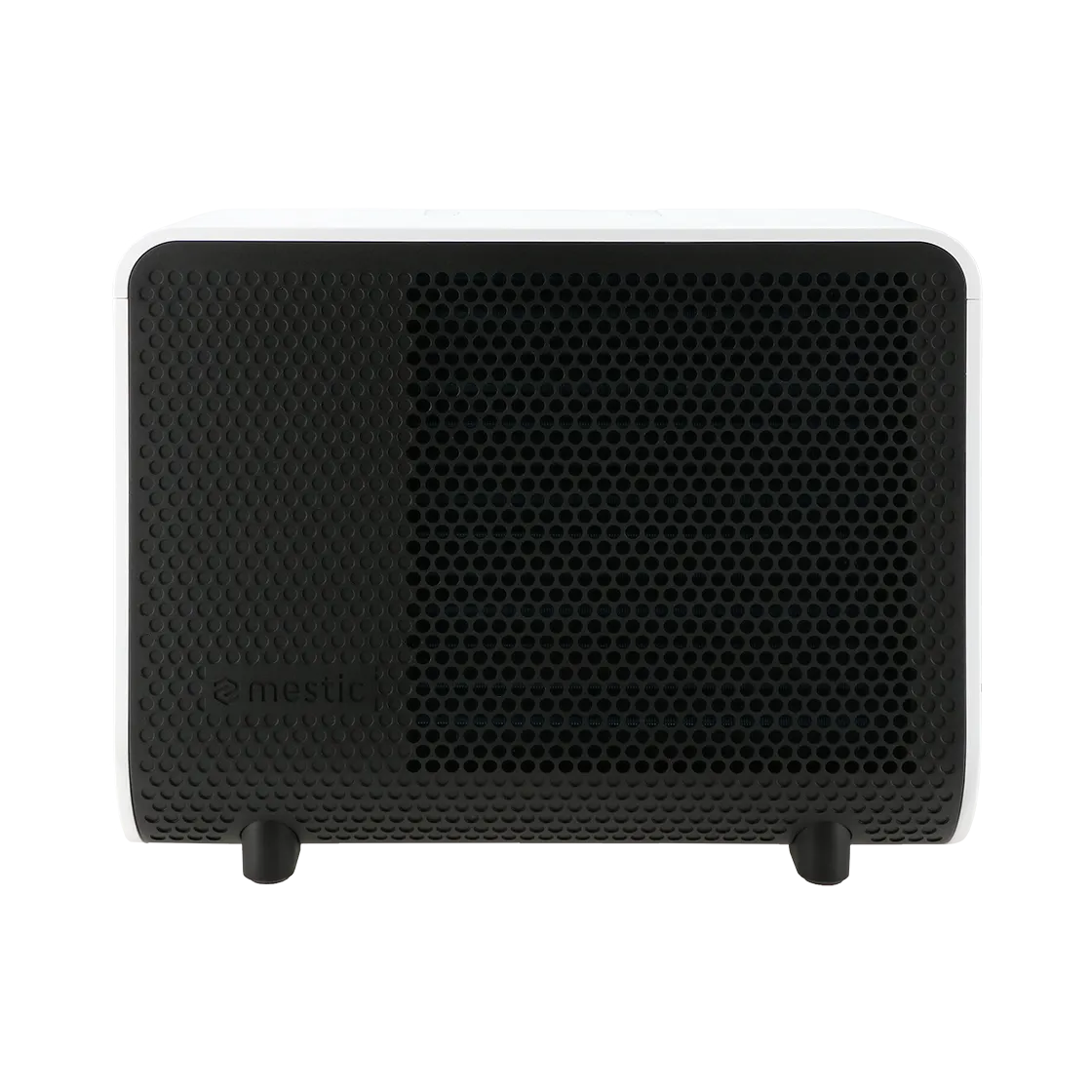Black rectangular speaker with honeycomb design on a white background