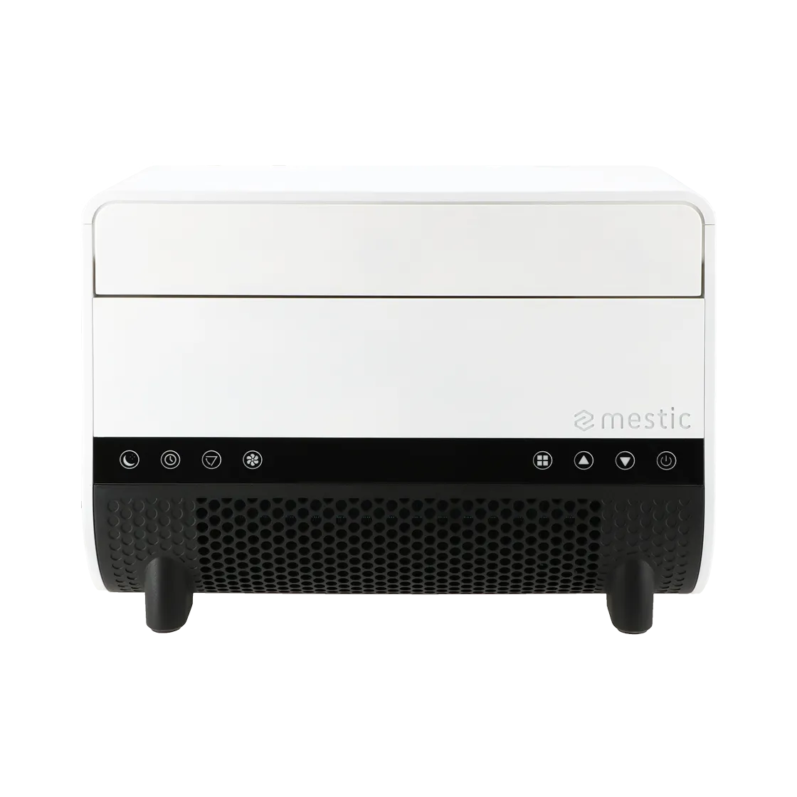 White electronic device with black accents on a white background, featuring the brand 'mestic'.