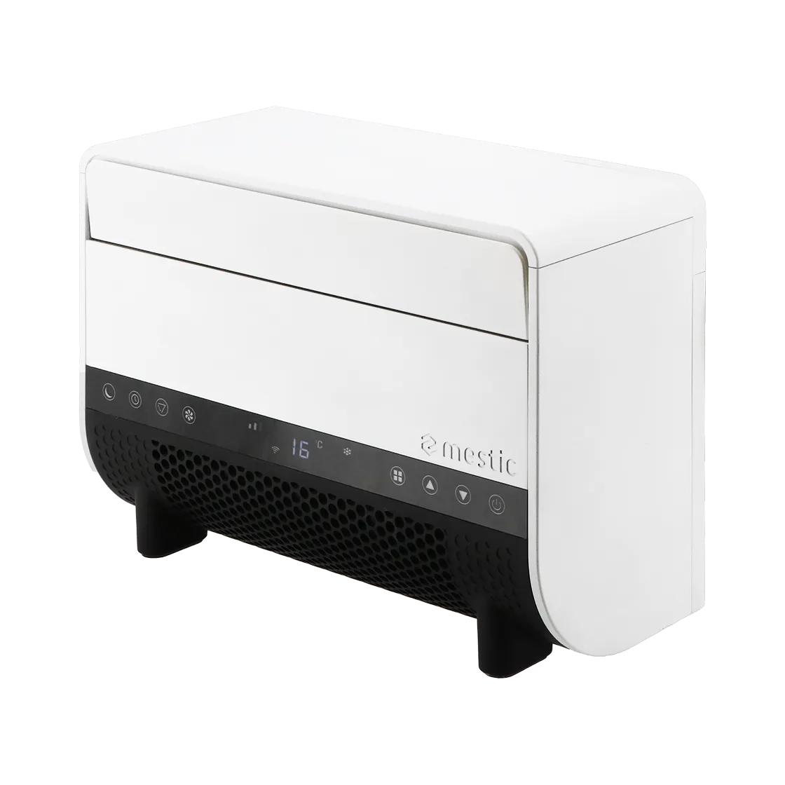 White electronic device with 'emestic' branding on a white background