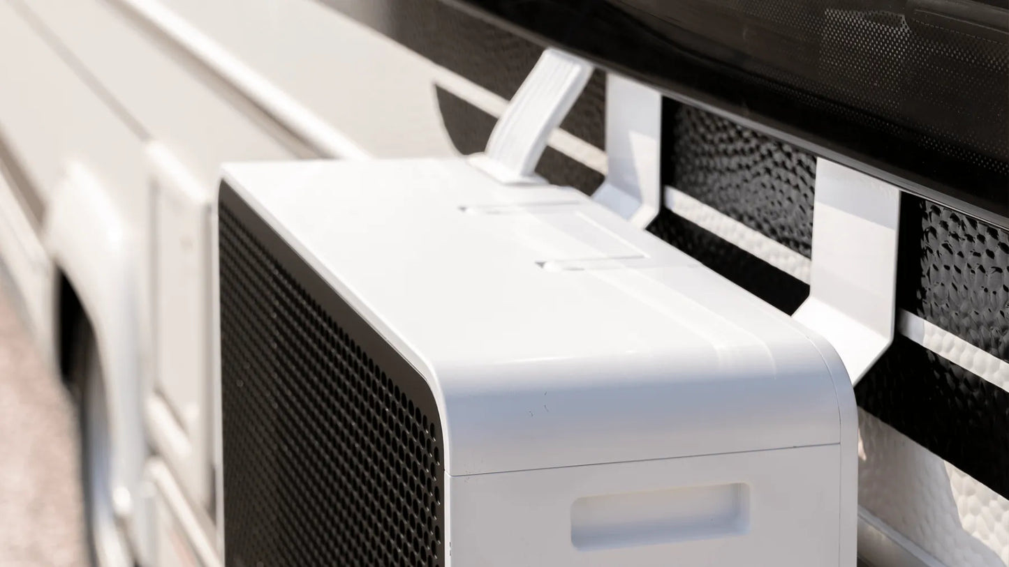 White air conditioning unit on a vehicle's side panel