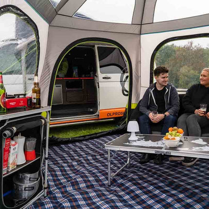 Side view of OLPRO Hive campervan awning with extended living space
