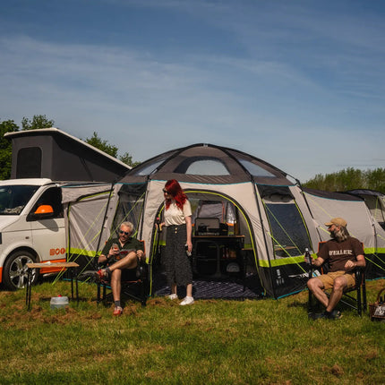 Side view of OLPRO Hive campervan awning with extended living space
