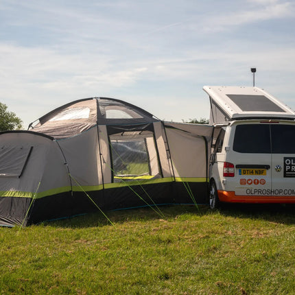 Drive-away OLPRO Hive awning set up on campervan campsite
