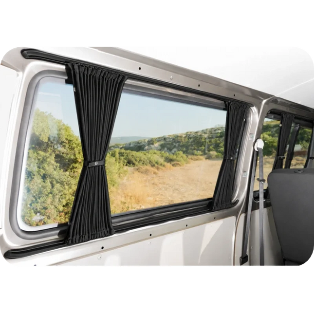 VOOS VW T5/T6 Black LWB Tailgate Door Curtains With Black Rails