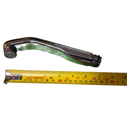 A chrome handheld shower head shown above a yellow Stanley tape measure on a white background, likely indicating product dimensions.