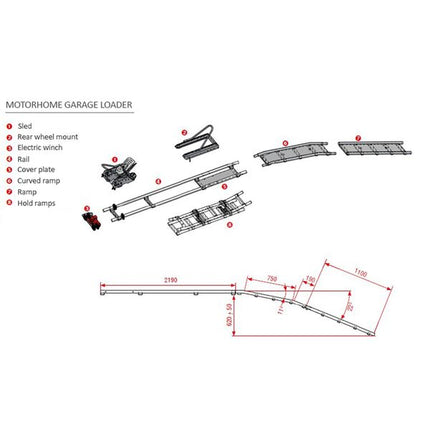 Diagram of a motorhome garage loader with labeled parts and dimensions on a white background.