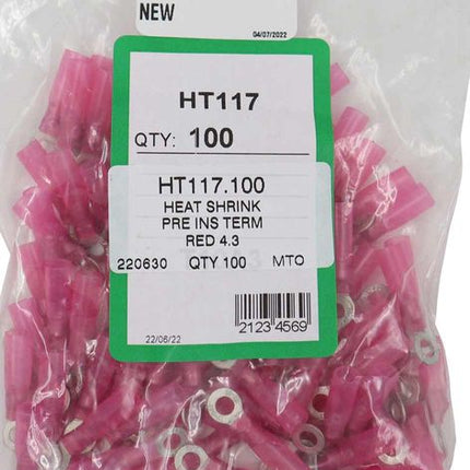 AMC Red Heat Shrink Ring Terminal (4.3mm ID / 100 Pack)