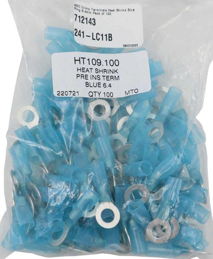 AMC Blue Heat Shrink Ring Terminal (6.4mm ID / 100 Pack)