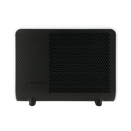 Black rectangular speaker with honeycomb design on a white background