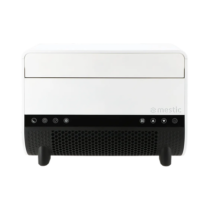 White electronic device with black accents on a white background, featuring the brand 'mestic'.