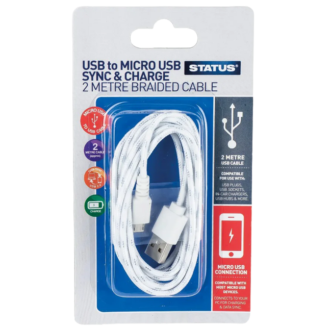 Status Micro USB 2M Braided Charging Cable (6 per box)