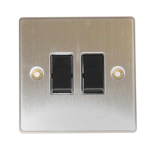 Round Edge Double 2 Way Switch Brushed Steel Finish and Black Inserts