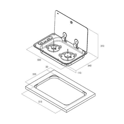 CAN Hoodiny Hob Unit 530 x 340mm (Glass Lid / 2 Burners / 12V or Piezo ignition)