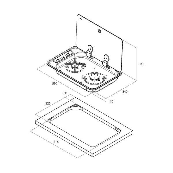 CAN Hoodiny Hob Unit 530 x 340mm (Glass Lid / 2 Burners / 12V or Piezo ignition)