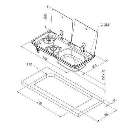 CAN Randi Hob & RH Sink Unit 765 x 355mm (Double Glass Lid / 2 Burners / Piezo)