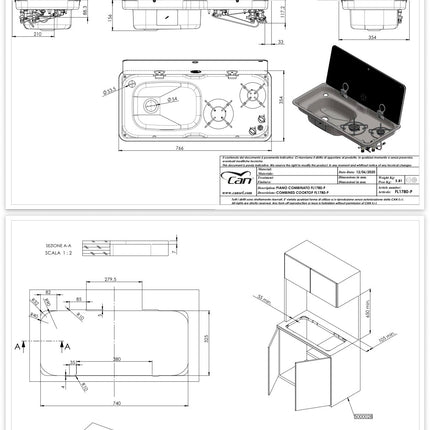 Technical installation drawings and dimension schematics for a Can double sink vanity unit, showing multiple orthographic views, measurements, and a small rendered view of the installed unit.