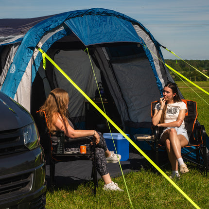 Family using OLPRO Cocoon Breeze V2 campervan awning with bedroom pod
