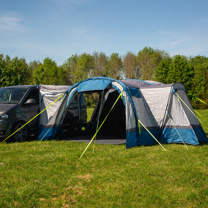 Campervan with OLPRO Cocoon Breeze V2 awning set up for holiday trip