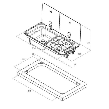 CAN Randi Hob & LH Sink 716 x 340mm (Double Glass Lid / 2 Burners / Piezo)