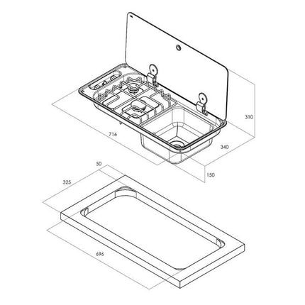 CAN Randi Hob & RH Sink 716 x 340mm (Single Glass Lid / 2 Burners / Piezo)