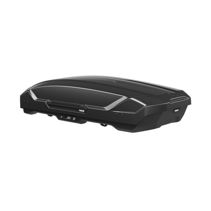 Black glossy roof box for vehicle storage, Aerodynamic design with a wing-shaped profile.