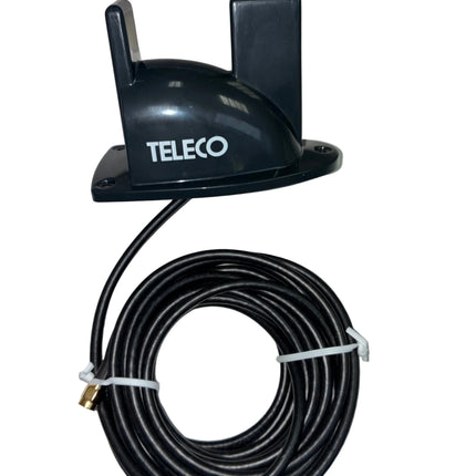 Black antenna with coiled cable on a white background, featuring the brand 'TELECO'.