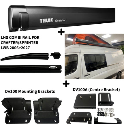Thule Omnistor roof rack system components with a van in the background