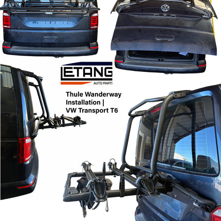 VW Transporter T6 with Thule Wanderway bike rack installation on a white background