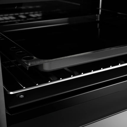 Black glass cooktop with metallic finish on a kitchen stove